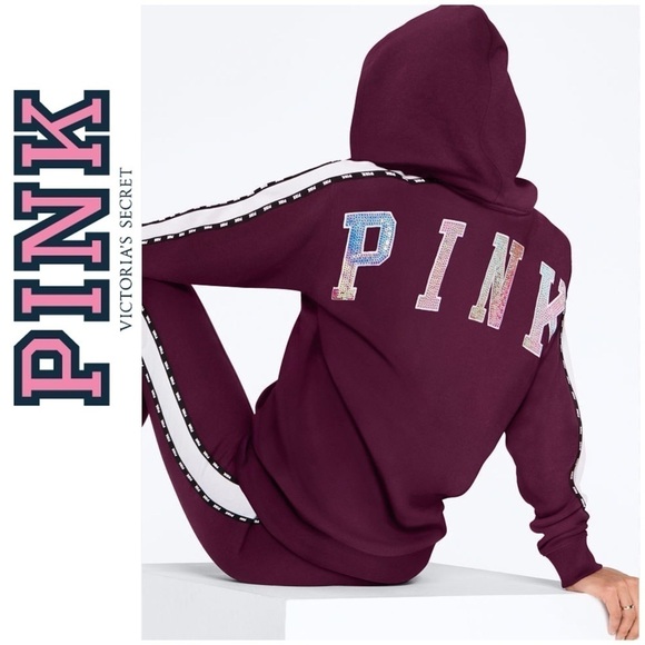 Sequinned Pink Victoria’s Secret full zip jacket, faux fur lined hood, graphic M - Picture 1 of 16